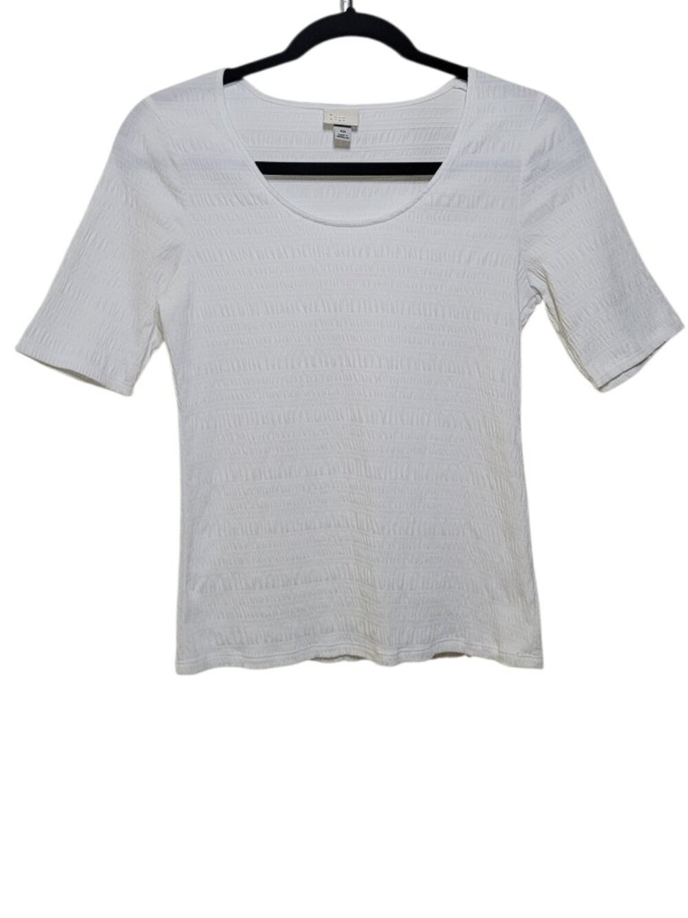 A New Day White Scoop Neck Elbow Sleeve Smocked Textured Knit Top XS Minimalist